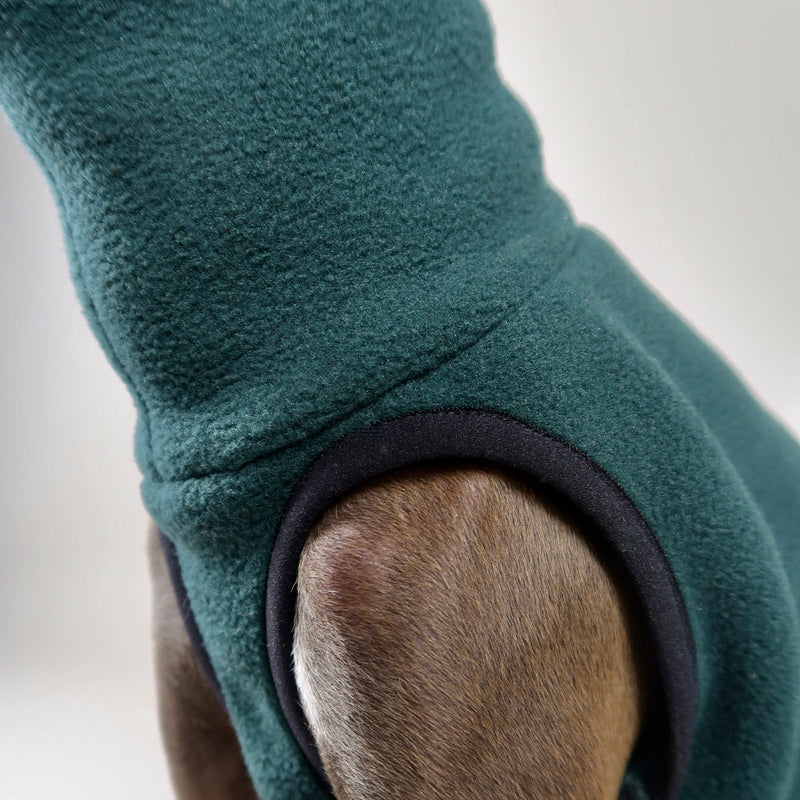 Close up of shoulder on The Frankie Italian Greyhound jumper in Forest Green with a blurred background